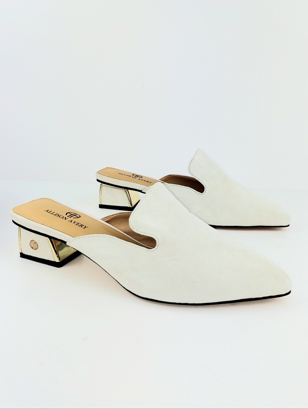 Allison Avery Block Heel Suede Mules Winter White 8.5